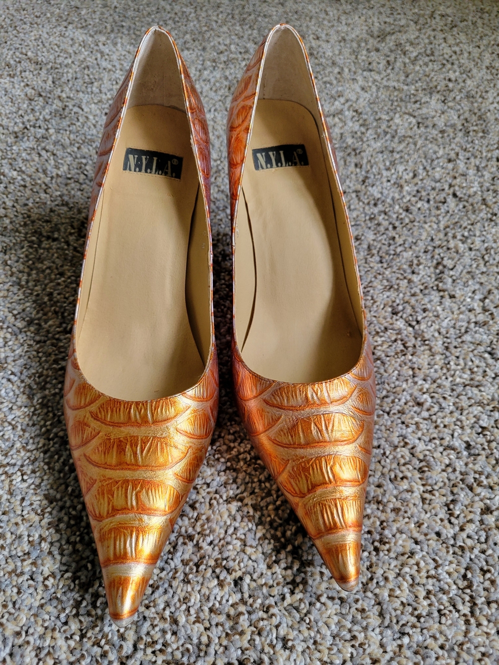 N.Y.L.A. Metallic Copper-Orange Pointed Toe Pumps